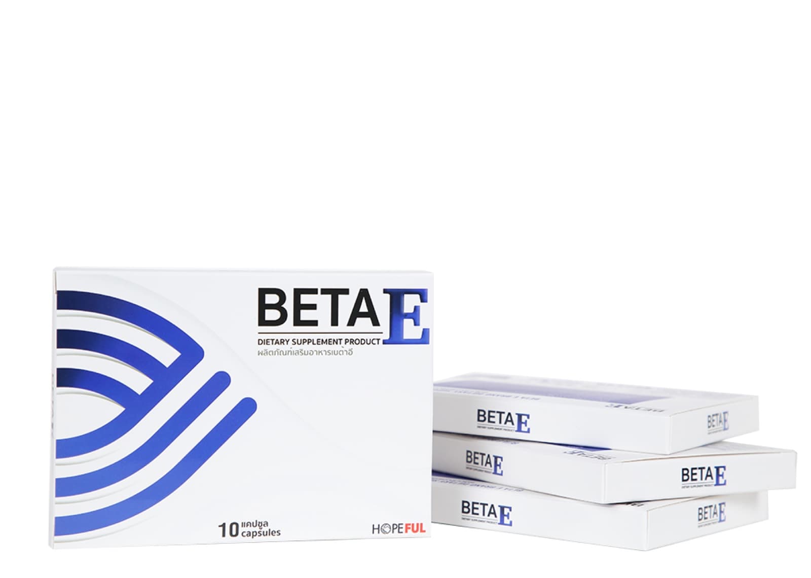กล่องผลิตภัณฑ์เสริมอาหาร Beta E ของแบรนด์ Hopeful ด้านหน้า ระบุขนาดบรรจุ 10 แคปซูล