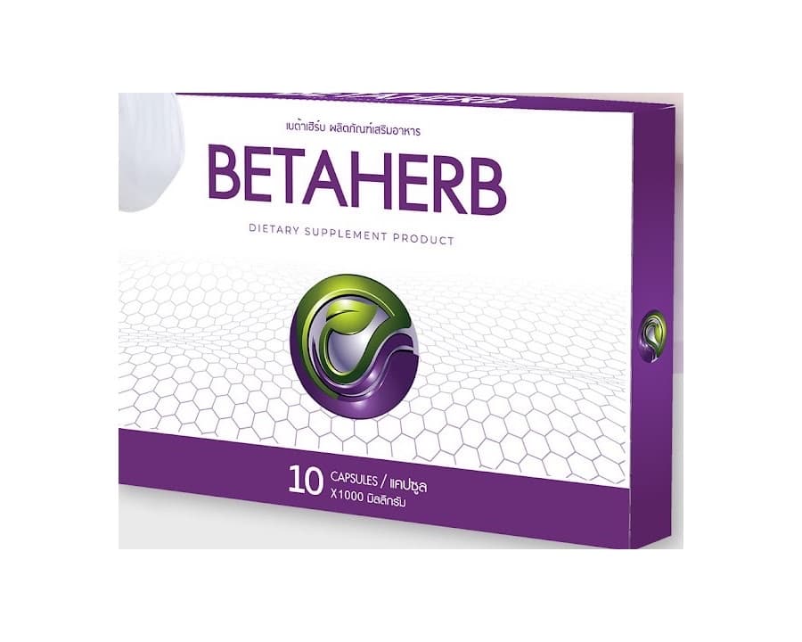 กล่องผลิตภัณฑ์เสริมอาหาร Beta Herb ของแบรนด์ Hopeful ถ่ายมุมเฉียงบนพื้นขาว ระบุขนาดบรรจุ 10 แคปซูล แคปซูลละ 1,000 มิลลิกรัม