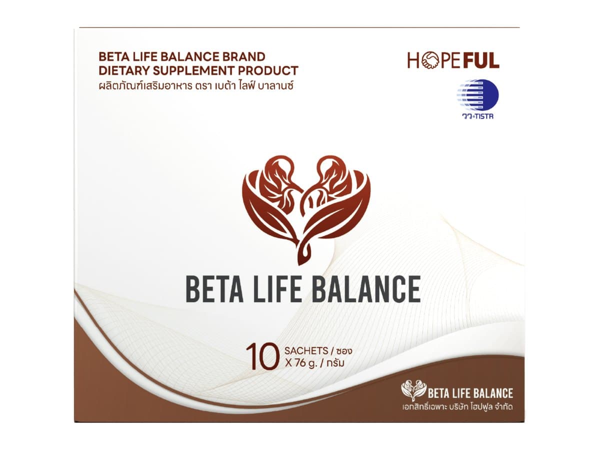 กล่องผลิตภัณฑ์เสริมอาหาร Beta Life Balance ของแบรนด์ Hopeful ด้านหน้า ระบุขนาดบรรจุ 10 ซอง ซองละ 76 กรัม