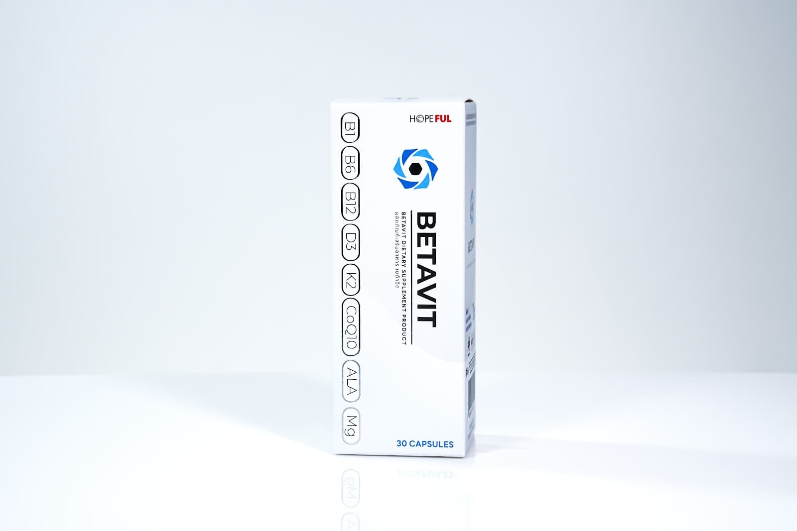 กล่องผลิตภัณฑ์เสริมอาหาร Beta Vit ของแบรนด์ Hopeful ด้านหน้า ระบุขนาดบรรจุ 30 แคปซูล