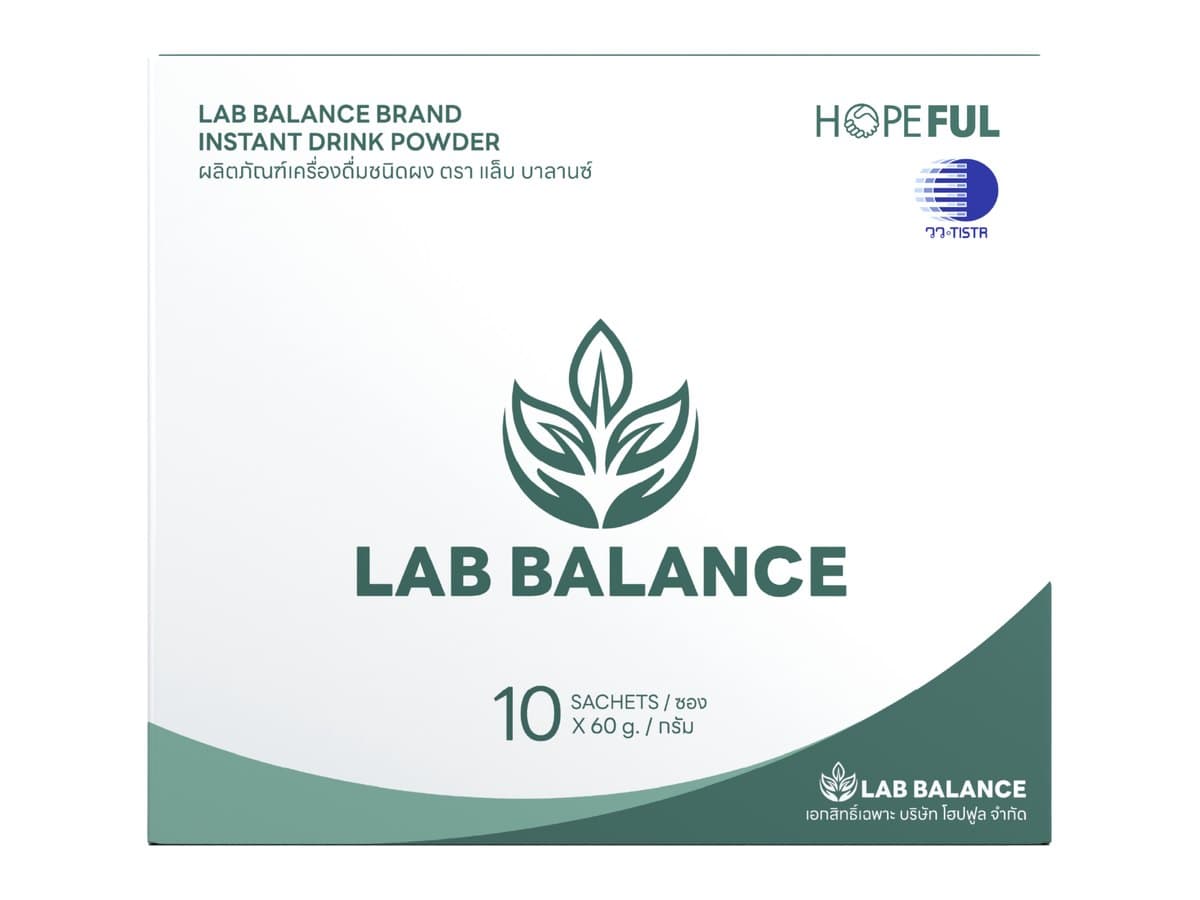 กล่องผลิตภัณฑ์เครื่องดื่มชนิดผง LAB BALANCE ของแบรนด์ Hopeful ด้านหน้า ระบุขนาดบรรจุ 10 ซอง ซองละ 60 กรัม
